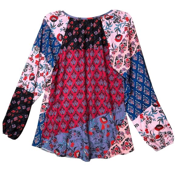 Patchwork Boho Blouse Women's Sz XL Floral Hippie Navy Multi Peasant Fall Colors - Picture 3 of 11